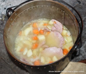 After the ham, slices of carrots, parsnips and onions "begin to stick" after set on a gentle fire for the receipt (recipe), "To make Essence of Ham", sprinkle on a little Flour, and turn them, then moisten with Broth.