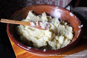 After the potatoes are boiled for the receipt (recipe), "Potato-Cakes", they are beat in a mortar and egg yolks, Sack, sugar, mace, nutmeg and melted butter are added. All these ingredients are worked into the beaten potatoes to make a paste.