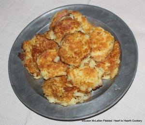 The complete receipt (recipe) "Potato-Cakes" almost ready for service to table. A sauce of butter, sack (very dry sherry) and sugar will be poured over them.