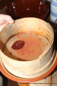 In the winter for the receipt (recipe), "To make a Plum-Taert", after taking preserved plums from a gally pot, rub them through a sieve.