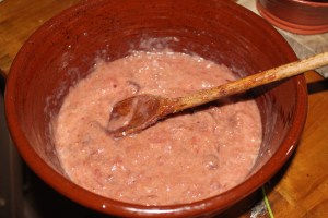 After the preserved plums have been rubbed through a sieve for the receipt (recipe) "To make a Plum-Taert", dress them with Egg yolks, Cinnamon, Cloves and melted butter.  The sugar that is written in the receipt is not used as the plums were preserved in sugar.