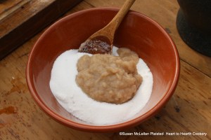 After the apples have been sliced thin, cooked tender and stamped in a mortar and pestle for the receipt (recipe) "Past of Oringes: My Lady Howe's Receipt, take halfe a pound of apple pulp and put it to a pound and a quarter of lofe sugar.