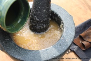 After the juice of 2 to 3 Seville oranges has been added for the receipt (recipe) "Past of Oringes: My Lady Howe's Receipt" stir it in the mortar till it looks white.