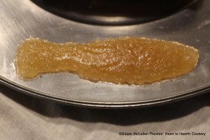 This is the receipt (recipe) "Past of Oringes: My Lady Howe's Receipt"  dried and removed from the fish mold.  The aroma and taste are wonderful and the texture like a modern gummy.