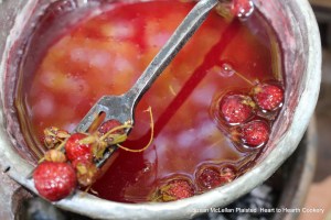 After the strawberries with stems on have boiled for about ten minutes for the receipt (recipe) "For preserving Strawberries", then take them out gently with a fork.