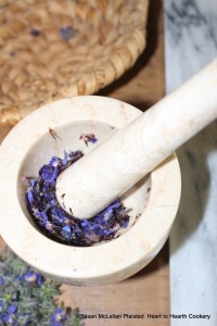 After the borage flowers have been picked for the receipt (recipe) "Past of Burage: Mrs Whiteheads", it is beat severally in a marble mortar and pestle.