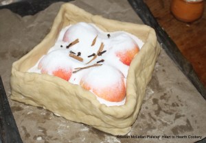 After the sugar has been added to the pie with the peaches for the receipt (recipe) "To bake Mellacattons", sometimes for a change you may add to them some chips or bits of whole cinnamon and a few cloves.