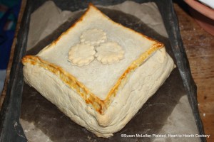 After the coffin lid is placed on mellacatton pie for the receipt (recipe) "To bake Mellacattons", the edges of the sealed lid were brushed with egg yolk and the pie was baked.  Picture is the coffin as it was removed from the oven.
