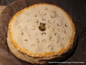 Pictured is the coffin for the receipt (recipe) "To bake preserved Gooseberries in pies" just out of the oven.  