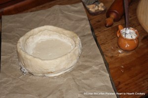 The coffin, formed from a tough paste (pastry) made by boiling water, melting the fat in that water and adding flour, is now ready for the receipt (recipe) "To make a Cherry Tart".