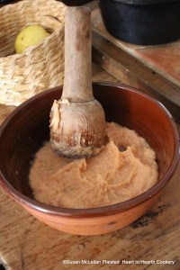 After the scalded quinces have been pared for the receipt (recipe) "Quince Cream" mash the clear part of them.