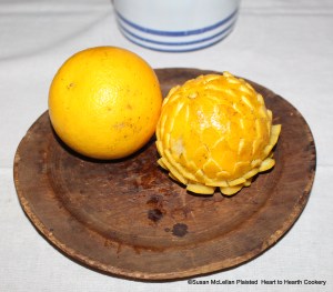 For the receipt (recipe) "To preserve Oranges Whole", take six sevile oranges, cut the skin with a knife like the leaves of an artichoke, take care you do not cut into the orange.