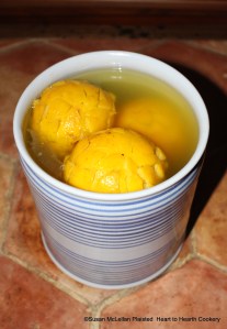 After the six Seville oranges's skin was cut with a knife like the leaves of an artichoke for the receipt (recipe) "To preserve Oranges Whole", put them into spring water, and let them lay for twenty-four hours.