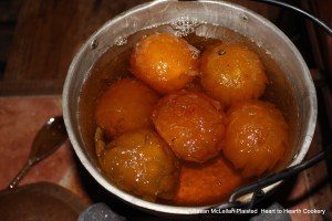 After the Seville oranges cut like artichoke leaves have been put into the syrup for the receipt (recipe) "To preserve Whole Oranges" let them have a boil, and then stand for twenty four hours, then boil 'em till they look clear.