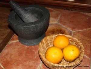 For the receipt (recipe) "To make Orange Cheese Cake" you will need three sevile oranges and a large mortar and pestle.