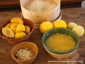 After the rinds of two China oranges, two Seville oranges and two lemons were grated for the receipt (recipe) "To make Orange Jelly" put it (the grated rinds) in to steep in the juice of 9 Seville oranges.