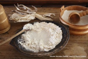 The next step in the preparation of maize Tunnbröd (a New Sweden flatbread) was to add water to the finely ground Puhwem maize.