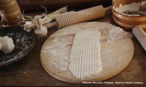 After the finely ground Puhwem (Lenape white flour corn) and water have been mixed and kneaded for the Tunnbröd (a Swedish flatbread), it was time to try the knobby roller I use for knackebrod.
