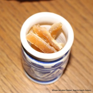 The next ingredient for the receipt (recipe) "To butter Eggs in the Polonian Fashion" is preserv'd lemon peel. The peel of lemons is preserved with sugar and stored in gally pots as the one pictured.