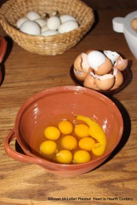 The first step in the preparation of the receipt (recipe) "To butter Eggs in the Polonian Fashion" is to "beat half a score of Eggs". When I prepared this reciept, it was the height of spring egg season. Note in the rye straw basket at the top of the picture that there are quail, turkey, duck and geese eggs.