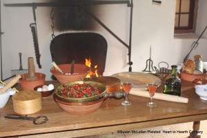The first of three strawberry receipts (recipes) is To make a tarte of strawberyes and step one is to take strawberyes.  The native strawberry to eastern North America, Fragaria virginiana, is pictured on the table in the colander.