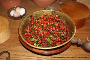 Fragaria virginiana is a native strawberry and member of the rose family.  The garden strawberry was first bred in Brittany, France in the 1750's by crossing the Fragaria virginiana from eastern North America with Fragaria chiloensis from Chili.  The strawberries pictured will be used to prepare three receipts (recipes)-To make a tarte of Strawberyes, To make Strawberry-water and Strawberries.