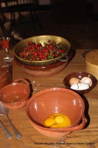 After mashing some strawberries for the receipt (recipe) To make a tarte of strawberries take the yolkes of foure egges whisk and mingle them with the mashed strawberries.