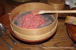 After the strawberyes have been mixed wyth the yolkes of foure egges, and a little whyte breade grated for the receipt (recipe) To make a tarte of strawberyes, strayne it before filling the paste for a tart.