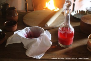 After the raspberries have been squeezed strongly for the receipt (recipe) To make Rasberry Water add such a Quantity of Water and Sugar as will make a pleasant Liguor.  The raspberry water is in a reproduction hand blown glass decanter of Thomas Jefferson.