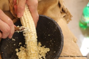 When Puhwem (Lenape white flour corn) is green corn the kernels are filled with milky white juices that are concentrated corn flavor.  I am using my jaspar knife to remove the kernels from the cob to prepare green corn bread.  Note all the splatters of "milk" in my bowl and on my finger.