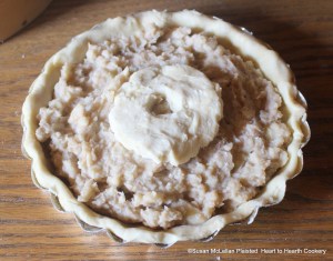 After the potato pulp has been mixed with the chopped apples, cream, sugar, cinnamon and cloves for the receipt (recipe) To make Potato-Pudding put all into a Paste (pie crust).