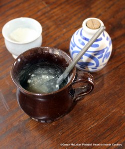 After the finely sifted spices have been added for the receipt (recipe) To make Biscuits of Potatoes, the final ingredient is a little Gum-Dragon steep'd in Orange-flower water till it becomes a Paste.  Gum-Dragon is a term used in historic receipts for gum tragacanth which is a natural gum produced by the shrubs from the genus Astragulus.