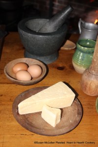 For the receipt (recipe) To make Ramakins the ingredients are Cheshire cheese, butter and eggs and all are mixed in a stone mortar and pestle.