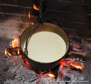 For the 1682 receipt (recipe) To make Cheese and Cream first take the "morning milk" from a cow and heat it until blood warm before adding a rennet "tea" prepared from a salted and preserved calf stomach.