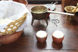 After the finely beaten cinnamon, sugar and rosewater have been added to the curd for the receipt (recipe) To make Cheese and Cream fill the Dishes, about a half a Pint a piece, with the said Curd.