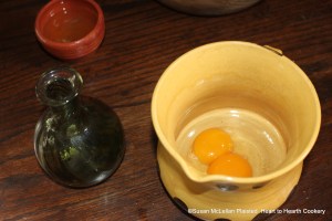 Just before the cream with whole cinnamon, mace and nutmeg quartered comes off the fire for the receipt (recipe) To make Cream and Cheese add the yolks of Eggs beaten with Rose-water.