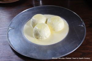 After the sauce of cream infused with cinnamon, mace, nutmeg; egg yolks and rosewater is ladled onto the formed curd for the receipt (recipe) To make Cheese and Cream scrape theron Sugar, and serve it up.