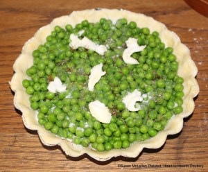 After the peas have been seasoned with salt, saffron and butter for the receipt (recipe) Green Peas Tart season with Sugar.  This receipt I prepared from a 1744 receipt book but found that it was the essentially the receipt in The Good Housewife's Jewel, 1596 with some of the English words updated in the 18th century version.  The use of sugar as a seasoning was more common in the 16th and 17th centuries.