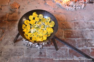 After the pompion (pumpkin) has been pared and cut in thin slices for the receipt (recipe) To make a Pompion Pye, dip it in Eggs and Herbs shred small and fry it.  Parsley, rosemary and thyme were used for the herbs.