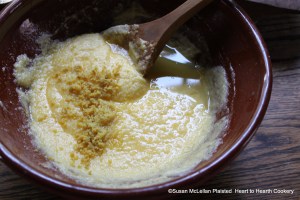 After the yolks of twelve eggs have been mixed with the butter and sugar for the manuscript receipt (recipe) Lemon Tart, add the rind of three Lemons and the juice of one Lemon.