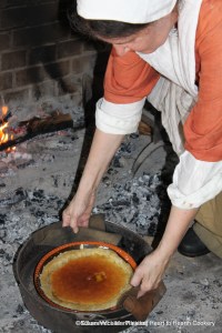 I am using to pieces of leather to protect my hands as I remove the Lemon Tart that is baked to a wonderful color from the bake kettle. This receipt (recipe) is from the manuscript receipt book of Hannah Marshall Haines who resided at Wyck in the Germantown area of Philadelphia.