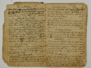 The Lemon Tart receipt is from the manuscript receipt book of Hannah Marshall Haines (1765-1828).  Hannah used the initials of the person from whom she received the receipt when she entered it.  The Lemon Tart entry is on the right hand page, the second receipt and the initials are JH.  JH may be her daughter-in-law, Jane Browne Haines who lived with her in Philadelphia.