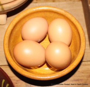 The second ingredient needed for the Pennsylvania German receipt (recipe) for Egg Cheese is four spring eggs.  These eggs could be from hens, geese, ducks or any of the spring laying birds.  The quantity of eggs needed would change with the size of the eggs.