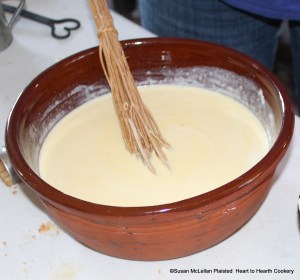 After the quart of cream boiled with mace has cooled for the receipt (recipe) To make a White Pot beat the Yolks of eight Eggs and put them into your Cream with Salt and Sugar to taste.