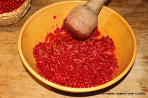 After the stalks were removed from the first pound of red currants for the receipt (recipe) To preserve red Currans whole, a wood masher was used to crush the berries in the first step to prepare juice.