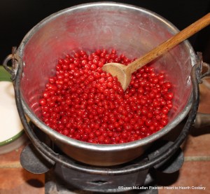 After the half pint of currant juice is added to the preserving kettle for the receipt (recipe) To preserve red CURRANS whole wet a pound and a half of loaf sugar and put in the berries.  The berries are two pounds of red currants.