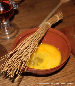 A total of eight eggs but only three of the whites of those eggs are whisked with a birch twig whisk to be added to the receipt (recipe) A Goose Bery Pudding.