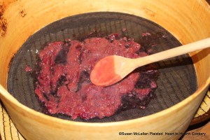 After the gooseberries have been boiled soft for the receipt (recipe) A Goose Bery Pudding strain them through a hair sieve with the back of a spoon.  The sieve is a horse hair sieve.