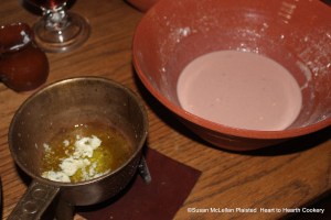 After the boiled gooseberries half been strained through a horse hair sieve and cooled for the receipt (recipe) A Goose Bery Pudding mix it up with some melted butter.  The butter was melted in a posnet and clarified before adding some to the gooseberries.