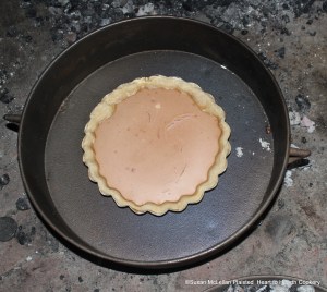 The receipt (recipe) A Goose Bery Pudding prepared from boiled gooseberries strained through a sieve and flavored with cinnamon, nutmeg, brandy and rose water baked in a reproduction of an original bake kettle.